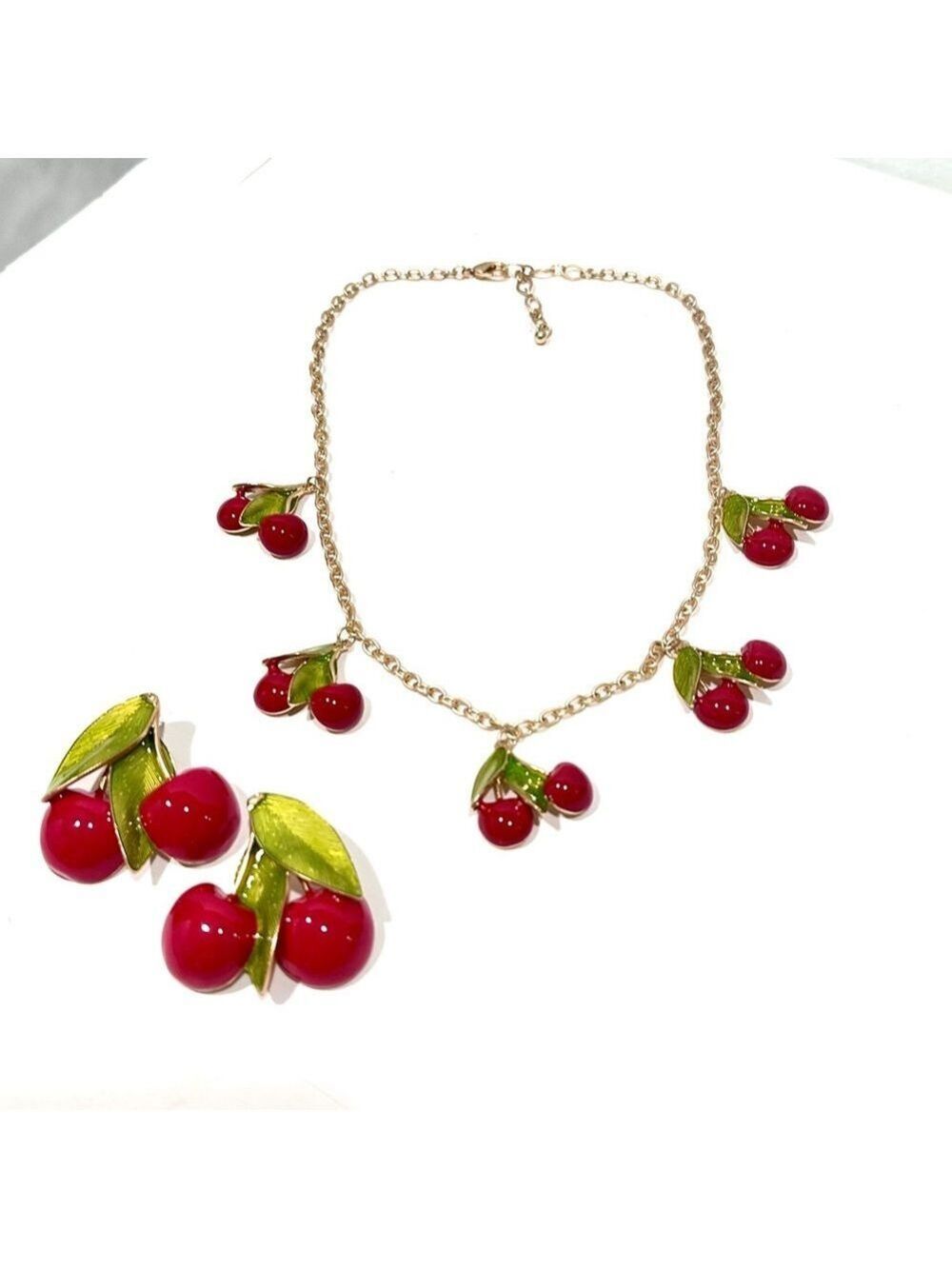 FASHIONABLE FRUIT | Cherries Jubilee Red & Green Enamel Charm Necklace​ | NIB - Picture 8 of 10